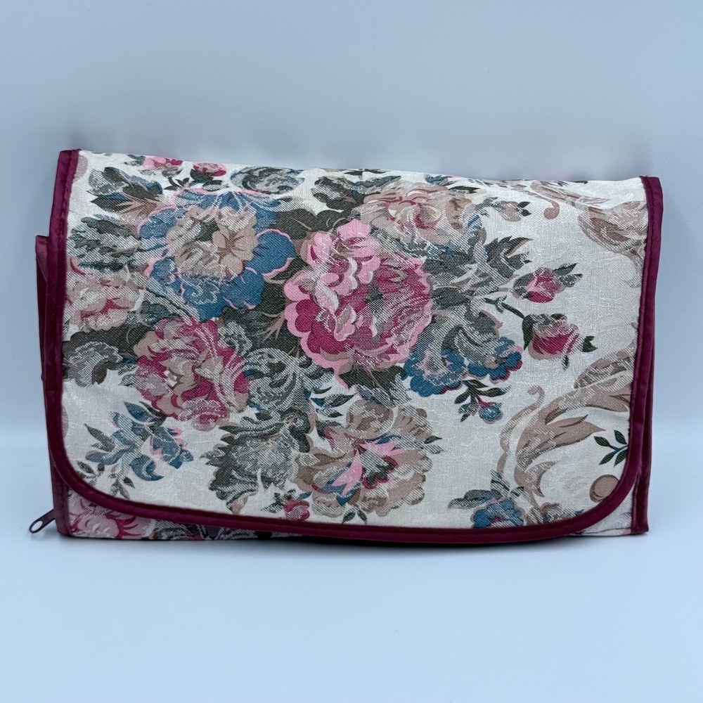 Freedom Jewelry Bag Floral Tapestry Hanging Travel Organizer Burgundy Roll Up